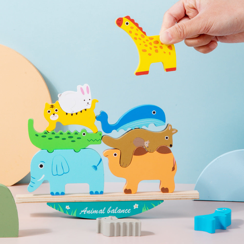 Colorful wooden animal balance stacking toy with rocking wooden base, detailed product photo 2