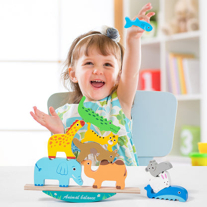 Colorful wooden animal balance stacking toy with rocking wooden base, detailed product photo 3