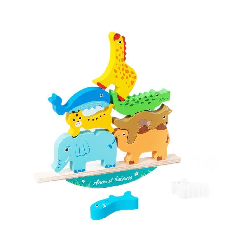 Colorful wooden animal balance stacking toy with rocking wooden base, detailed product photo 4