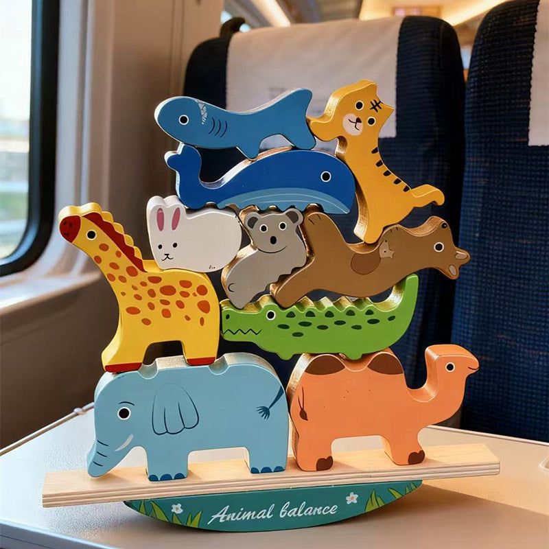 Colorful wooden animal balance stacking toy with rocking wooden base, detailed product photo 5