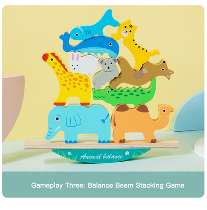 Colorful wooden animal balance stacking toy with rocking wooden base, detailed product photo 6