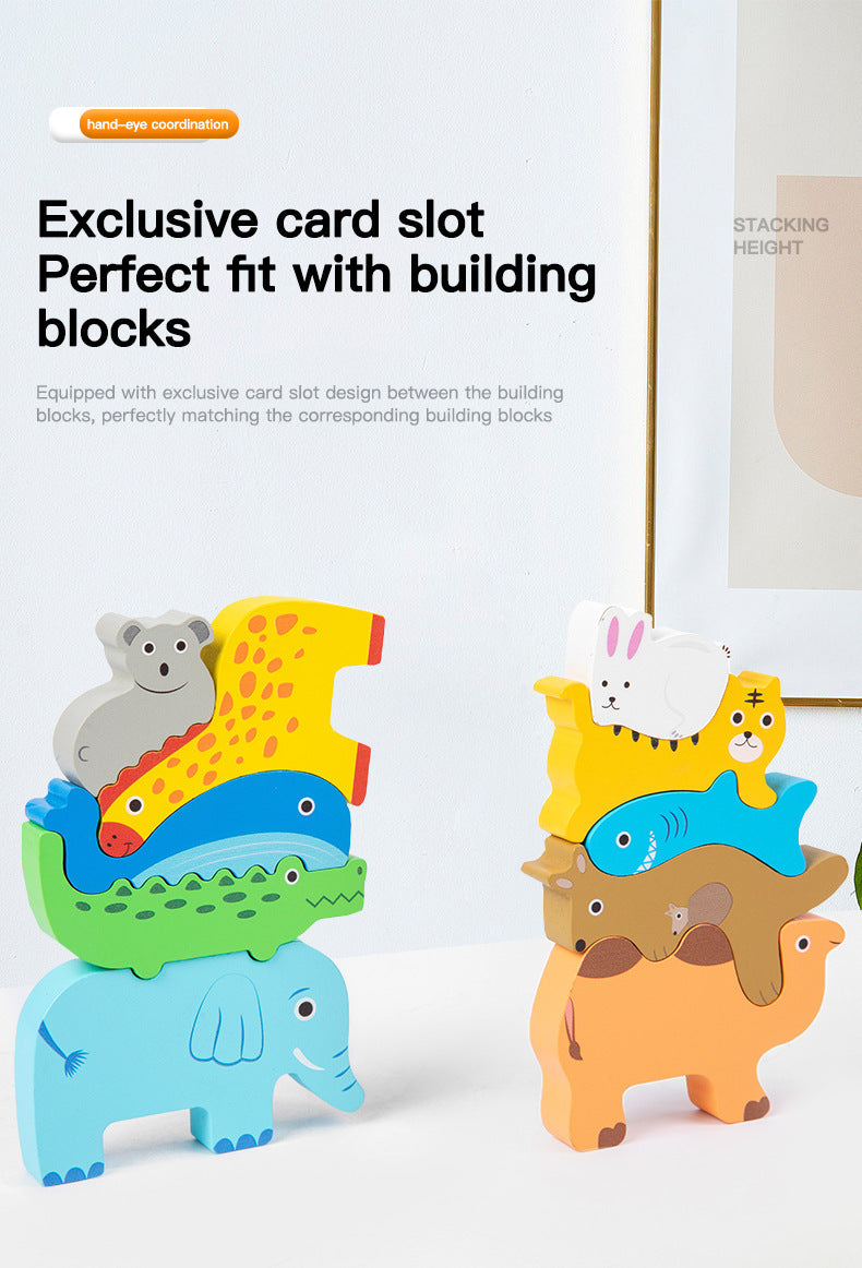 Colorful wooden animal balance stacking toy with rocking wooden base, detailed product photo 8