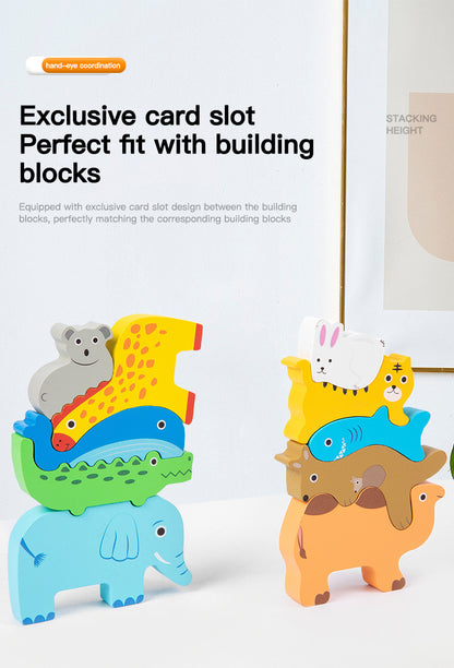 Colorful wooden animal balance stacking toy with rocking wooden base, detailed product photo 8