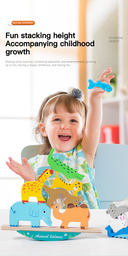 Colorful wooden animal balance stacking toy with rocking wooden base, detailed product photo 10