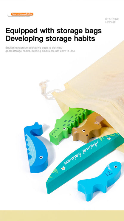 Colorful wooden animal balance stacking toy with rocking wooden base, detailed product photo 11