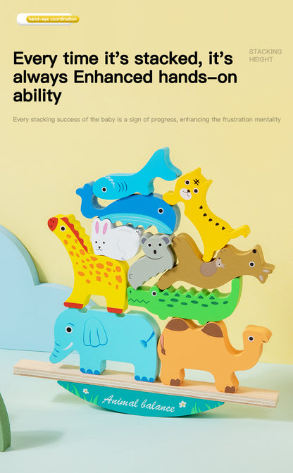 Colorful wooden animal balance stacking toy with rocking wooden base, detailed product photo 12