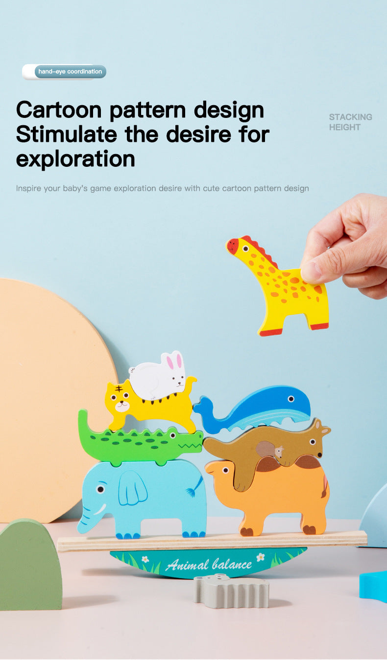 Colorful wooden animal balance stacking toy with rocking wooden base, detailed product photo 13