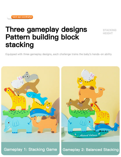Colorful wooden animal balance stacking toy with rocking wooden base, detailed product photo 16