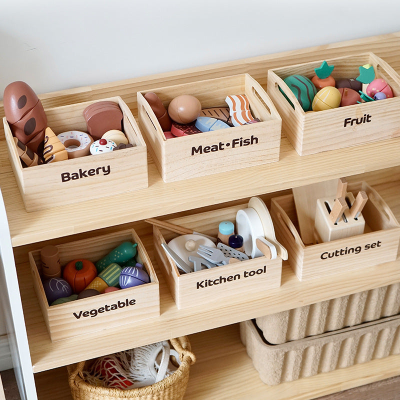 Kinmilo wooden pretend food market crate set, bakery fruit vegetable kitchen toy, detail 2