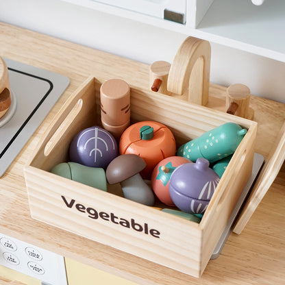 Kinmilo wooden pretend food market crate set, bakery fruit vegetable kitchen toy, detail 6