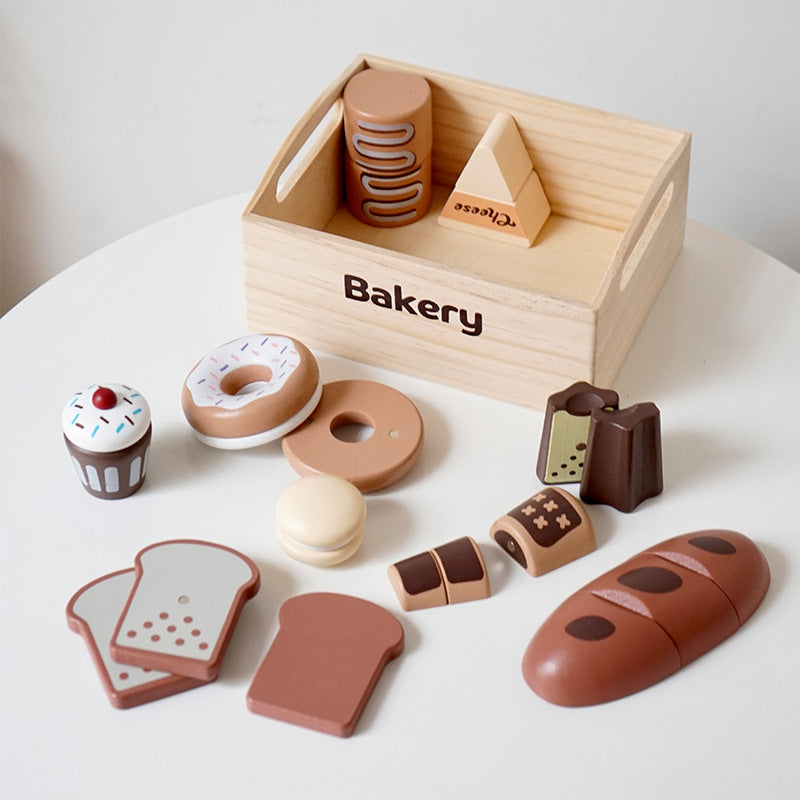 Kinmilo wooden pretend food market crate set, bakery fruit vegetable kitchen toy, detail 8