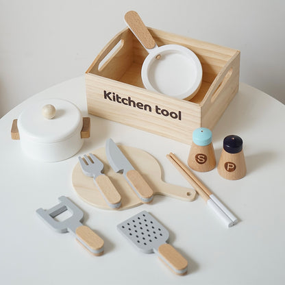Kinmilo wooden pretend food market crate set, bakery fruit vegetable kitchen toy, detail 11