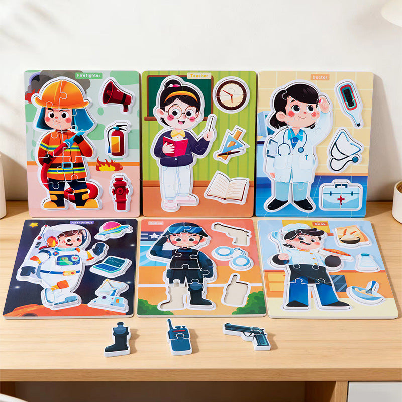 Wooden occupation puzzle set with teacher chef doctor astronaut police and firefighter
