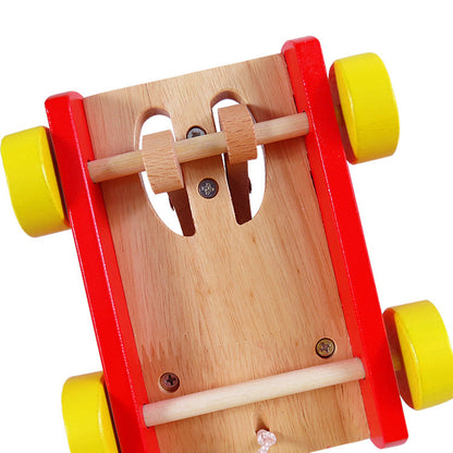 Kinmilo wooden drumming bear pull-along toy mechanism and child play details