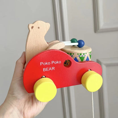 Kinmilo wooden drumming bear pull-along toy mechanism and child play details