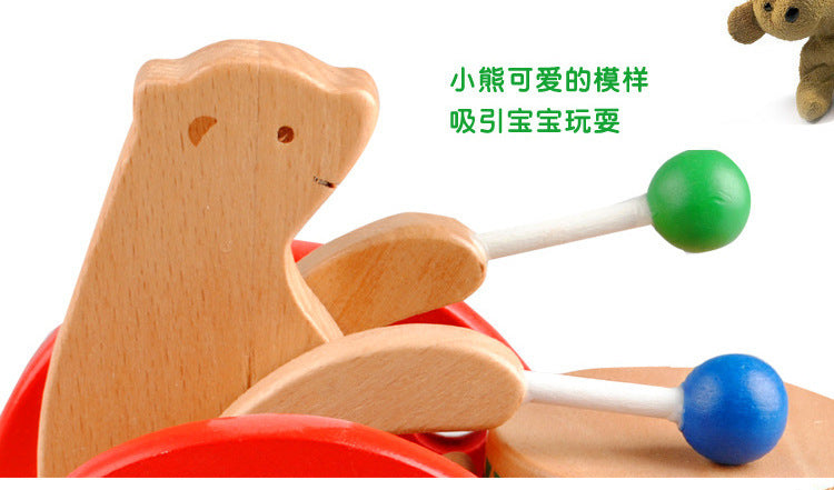 Kinmilo wooden drumming bear pull-along toy mechanism and child play details