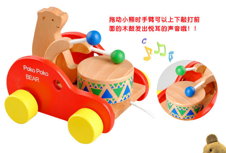 Kinmilo wooden pull-along bear drum toy, rolling music and construction detail image 12