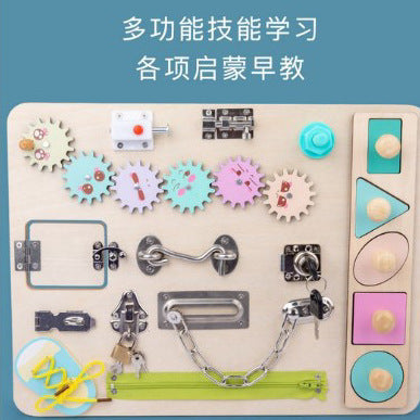 Kinmilo Montessori steering wheel, dressing, gears and practical-life wooden busy board – detail 29
