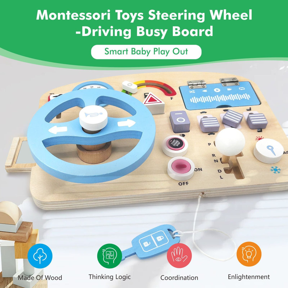 Kinmilo Montessori steering wheel, dressing, gears and practical-life wooden busy board – detail 30