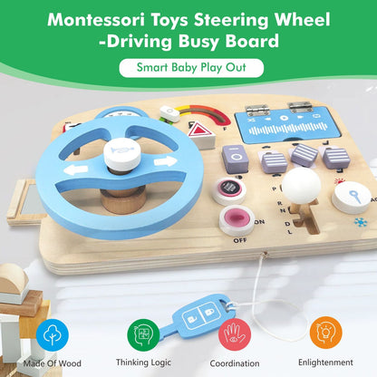 Kinmilo Montessori steering wheel, dressing, gears and practical-life wooden busy board – detail 30