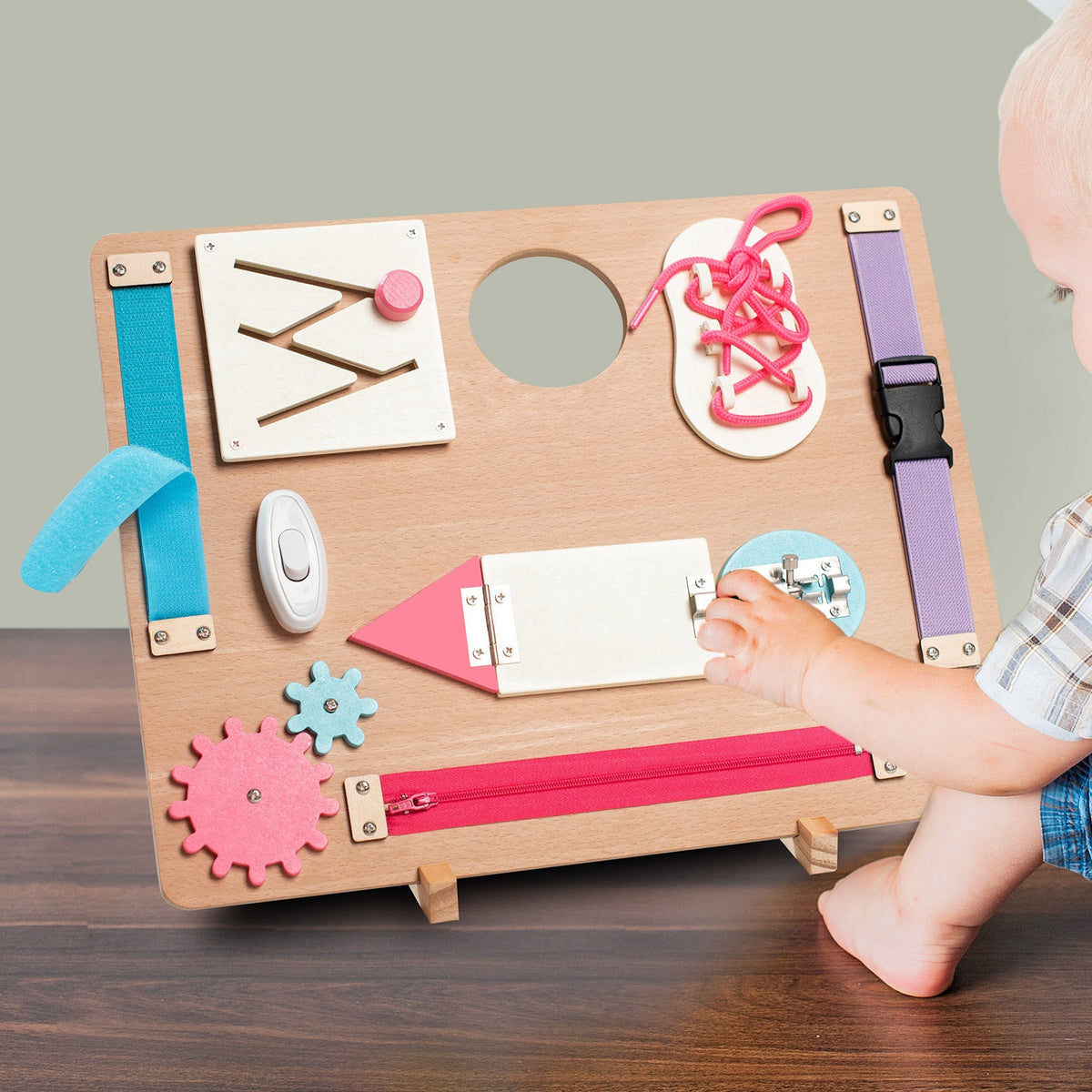 Kinmilo Montessori steering wheel, dressing, gears and practical-life wooden busy board – detail 32