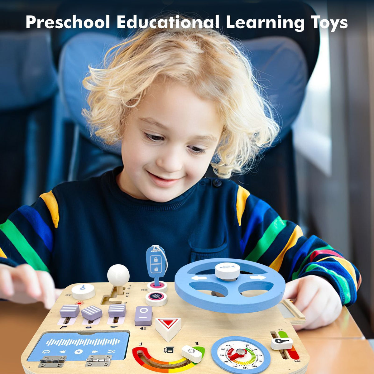 Kinmilo Montessori steering wheel, dressing, gears and practical-life wooden busy board – detail 39