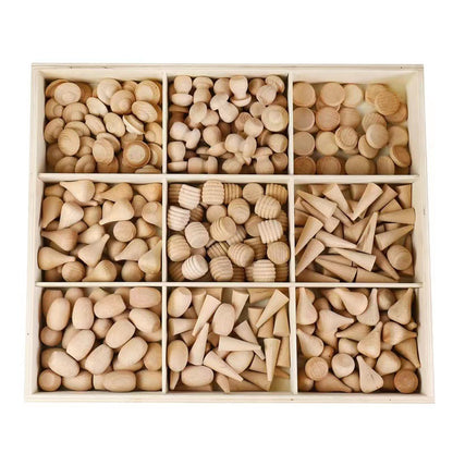 Kinmilo Nine wooden loose part shapes in natural wood