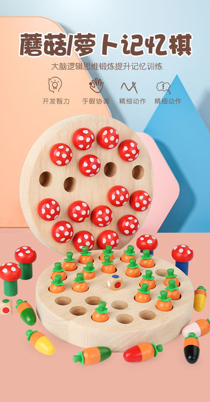 Child playing wooden memory matching game with carrot pegs