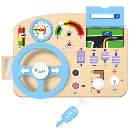 Kinmilo wooden Montessori steering wheel busy board with pretend driving controls and fine motor activities