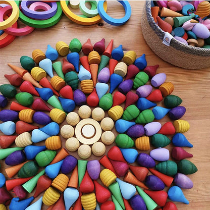 Kinmilo wooden rainbow loose-parts sorting mandala toy set with assorted shapes for creative play