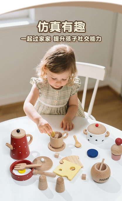 Kinmilo Child serving breakfast with wooden kitchen toys