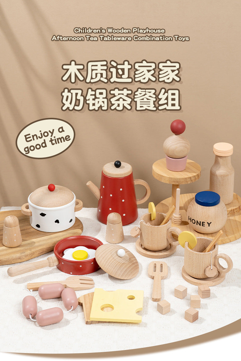 Kinmilo Warm wooden toy kitchen with teapot cups breakfast foods