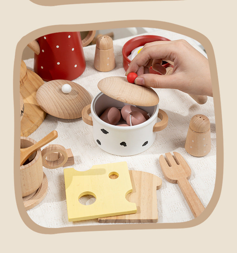 Kinmilo Wooden breakfast pretend play placing toy sausage in milk saucepan
