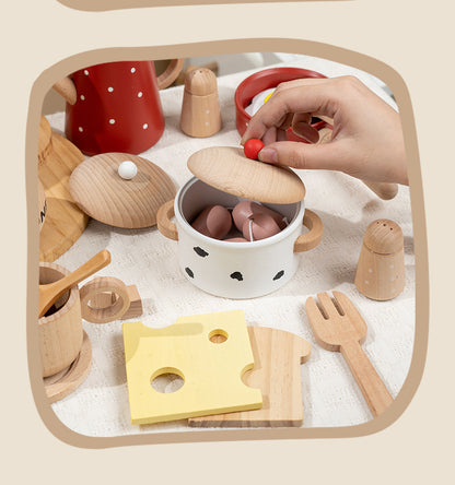Kinmilo Wooden breakfast pretend play placing toy sausage in milk saucepan