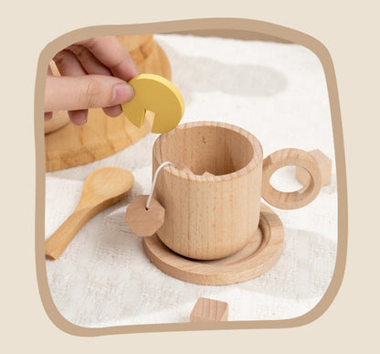 Kinmilo Wooden toy tea set scoop honey and serve tea closeup