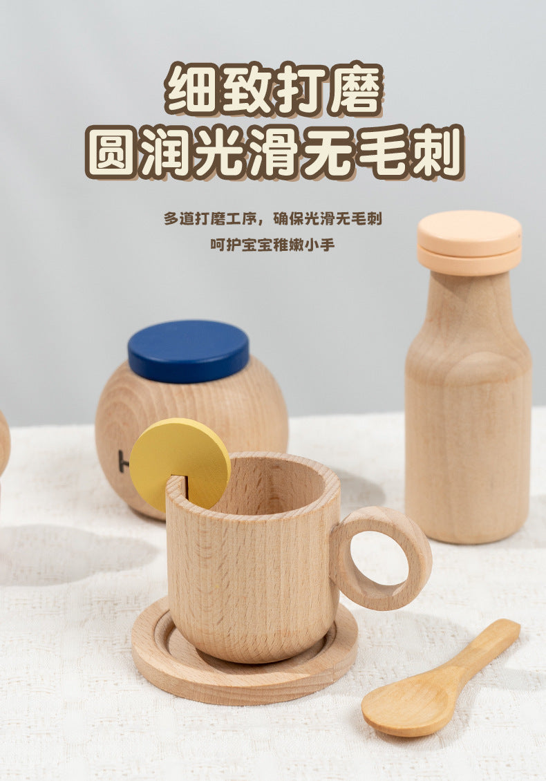 Kinmilo Smooth polished wooden toy cups saucers and bottle details