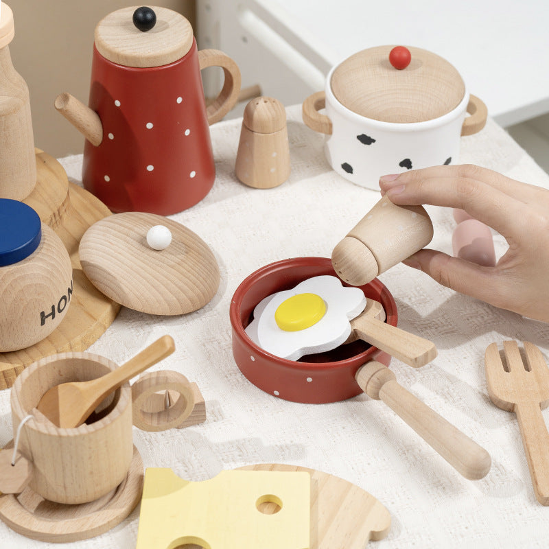 Kinmilo Pretend play morning cooking with wooden red tea pot