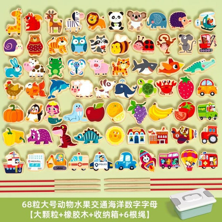 Kinmilo 68-piece large wooden animal fruit and vehicles threading beads with storage case