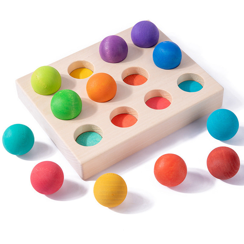 Kinmilo wooden Montessori rainbow ball colour sorting and matching tray with painted balls