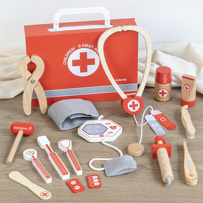 Kinmilo Wooden Doctor First Aid Pretend Play Set with Red Carry Bag or Red Carry Case