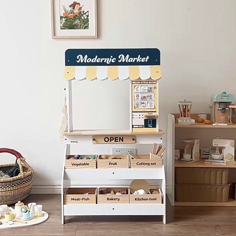 Kinmilo wooden market stand with children's pretend grocery store, food crates, play checkout and market shelves