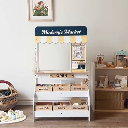 Kinmilo wooden market stand with children's pretend grocery store, food crates, play checkout and market shelves