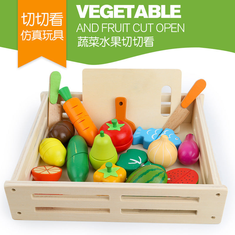 Kinmilo colourful wooden pretend fruit and vegetable cutting playset with storage box and play utensils