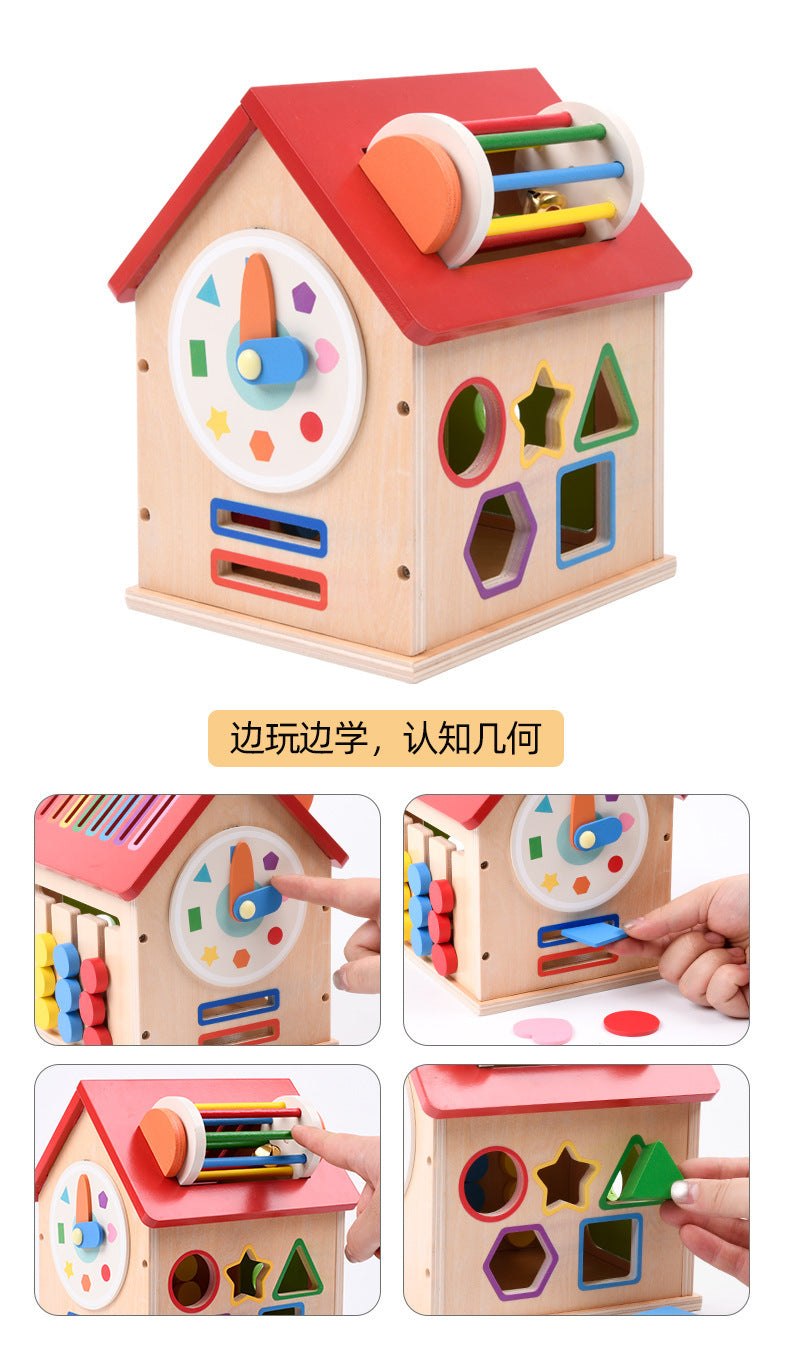 Wooden multi activity busy house with geometric shape sorter, roof roller and colored beads