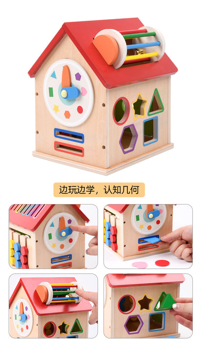 Wooden multi activity busy house with geometric shape sorter, roof roller and colored beads