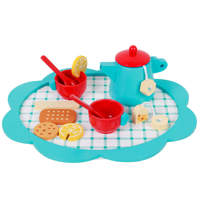 Kinmilo blue wooden afternoon tea set with teapot, cups, biscuits and scalloped tray