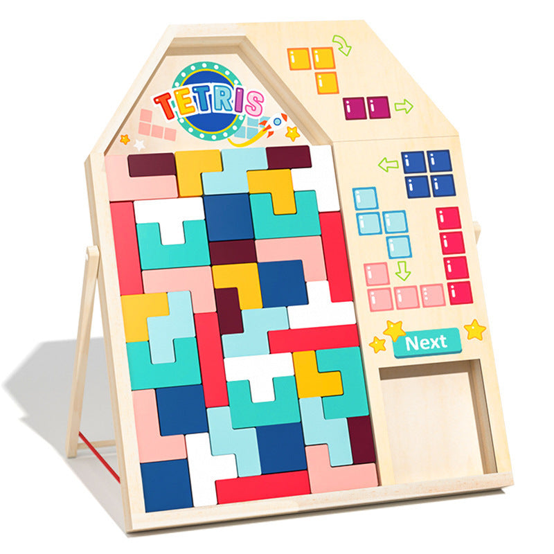 Upright 3 in 1 wooden Tetris geometric shape puzzle board and colorful matching blocks