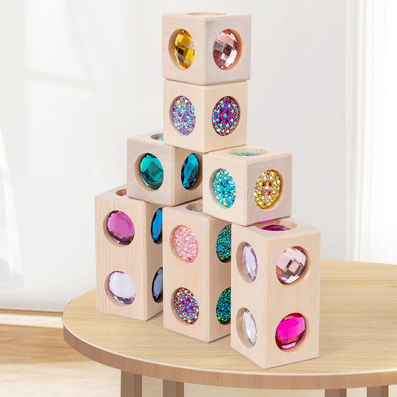 Kinmilo wooden gemstone sensory blocks with colored acrylic gem inserts