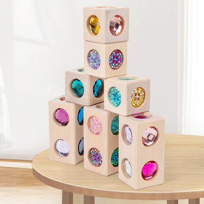 Kinmilo wooden gemstone sensory blocks with colored acrylic gem inserts