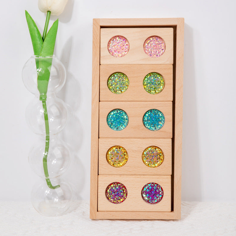 Wooden jewel color matching blocks and sensory geometry play view 1
